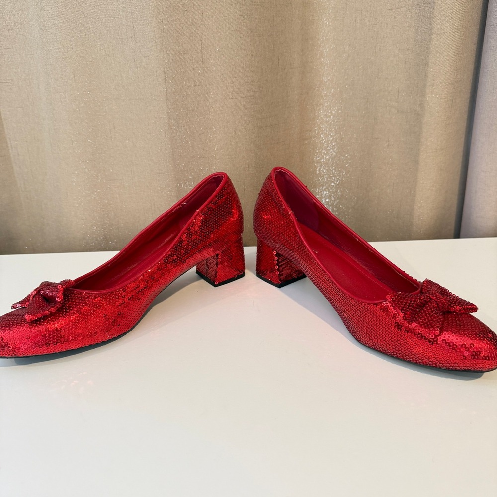 The Wizard of Oz Red Sequined Ruby Slippers Block Heel Bow Pumps Womens 9 - Picture 6 of 8